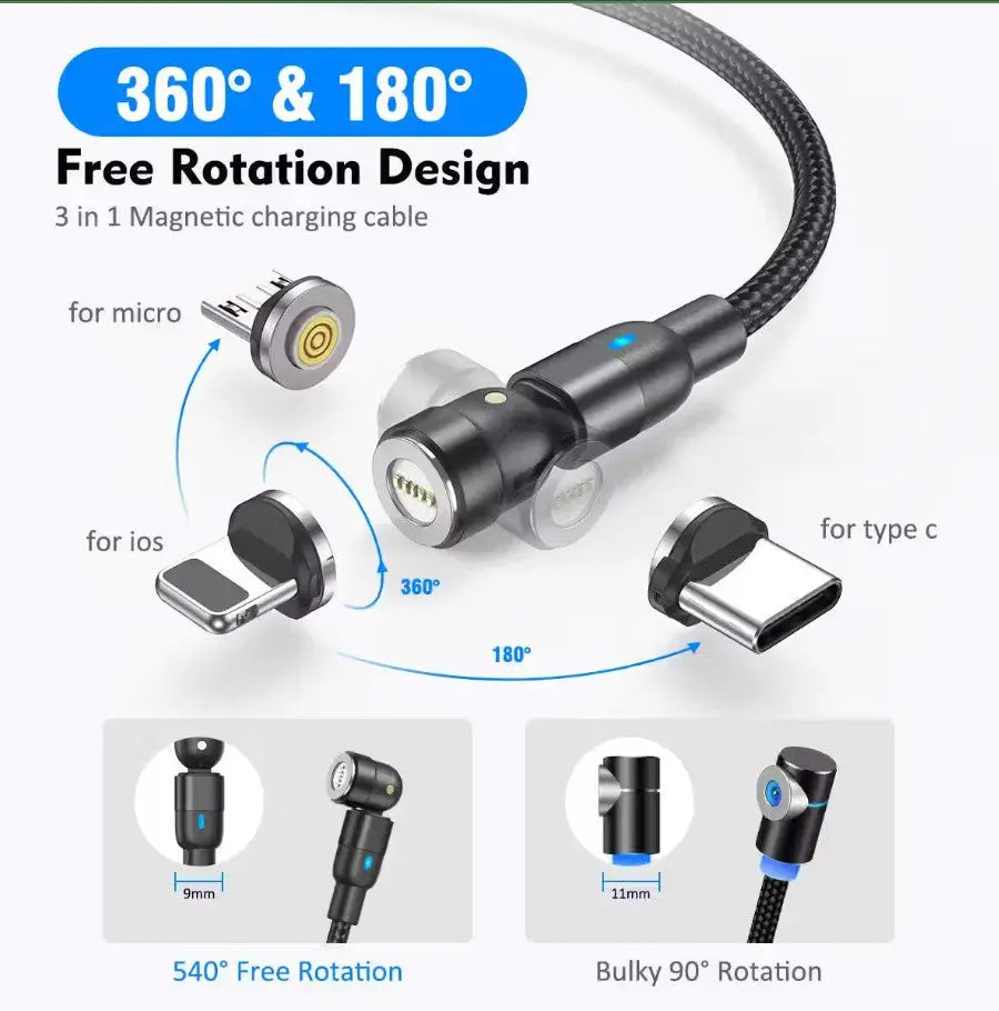540° Rotatable 3 in 1 Magnetic Cable 3A Data Fast Charging DJNIELO'S